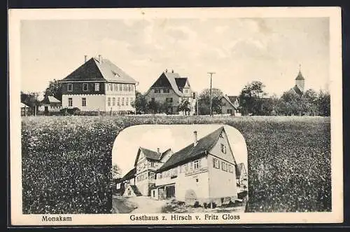 AK Monakam, Gasthaus zum Hirsch F. Gloss, Ortspanorama mit Kirche