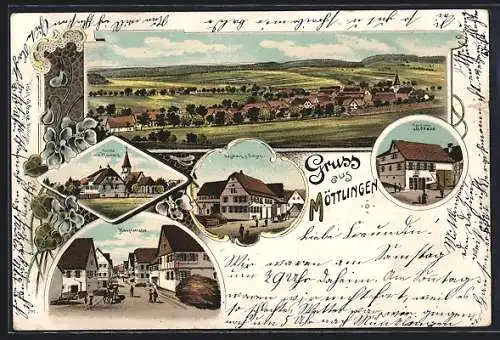 Lithographie Möttlingen, Gasthaus z. Ochsen, Handlung G. Graze, Hauptstrasse, Gesamtansicht