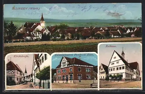 AK Illingen /Württ., Kirchstrasse, Handlung Friedrich Hanz und Rathaus