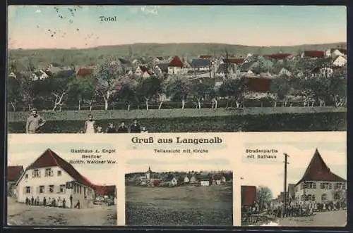 AK Langenalb, Gasthaus zum Engel G. Weidner Ww., Strassenpartie mit Rathaus, Teilansicht mit Kirche, Totalansicht