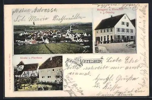 AK Ostelsheim, Metzgerei-Gasthaus J. Gehring, Kirche u. Pfarrhaus, Gesamtansicht