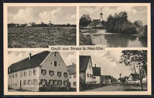 AK Strass / Neu-Ulm, Partie am Wohnhaus, Strassenpartie, Seeansicht, Blick zur Stadt