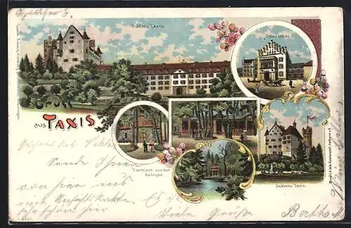 Lithographie Taxis, Schloss Taxis mit Anlagen, Prinzenbau, Pavillon am Wasser