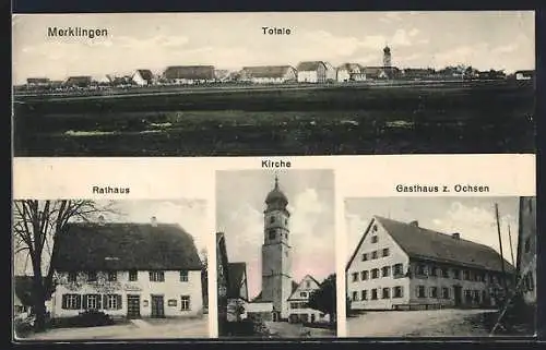 AK Merklingen / Blaubeuren, Gasthaus z. Ochsen, Rathaus, Kirche, Totalansicht mit Feldern