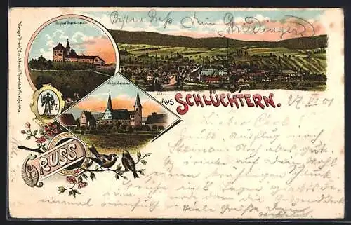 Lithographie Schlüchtern, Schloss Brandenstein, Königl. Seminar, Ortsansicht