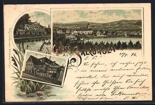 Lithographie Salzungen, Panorama mit Kurhotel und Gradirhaus