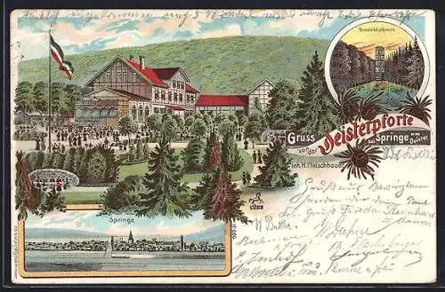Lithographie Springe am Deister, Gasthaus zur Deisterpforte, Ortsansicht, Aussichtsturm
