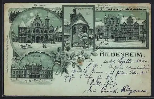 Winter-Lithographie Hildesheim, Rathaus, Bahnhof, Rosenstock und Marktplatz im Mondschein