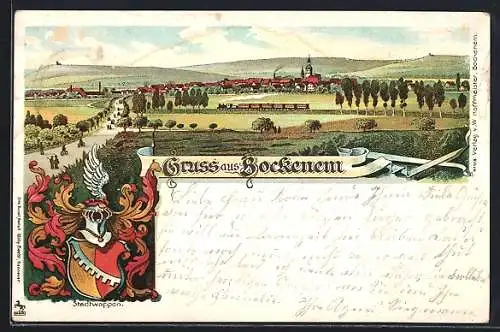 Lithographie Bockenem, Ortsansicht aus der Vogelschau, Wappen