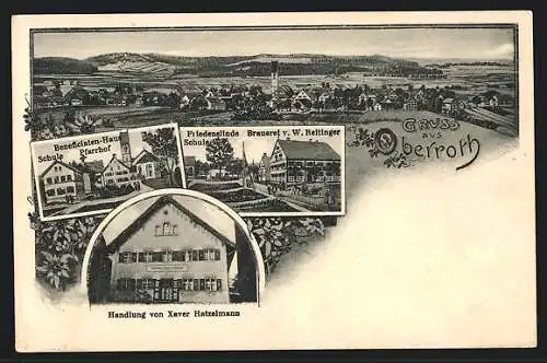 AK Oberroth / Neu-Ulm, Geschäft Xaver Hatzelmann, Brauerei Reitinger, Schule, Beneficiaten-Haus