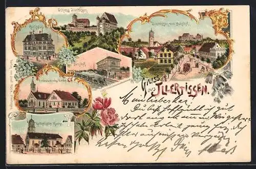 Lithographie Illertissen, Bahnhof, Schloss, Rathaus, Protest. Kirche, Kathol. Kirche