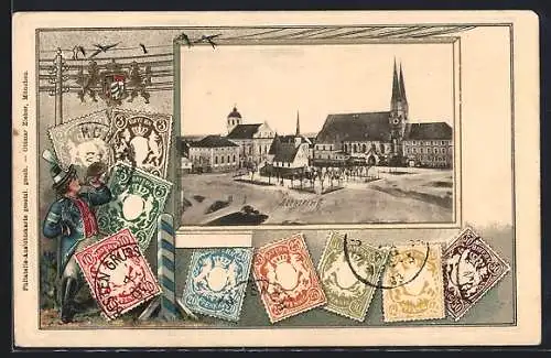 Präge-AK Altötting, Ortspartie im Briefmarken-Passepartout, Wappen