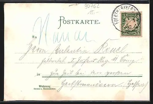 Lithographie Fürth, Panoramen, Kunstbrunnen, Kriegerdenkmal, Blumenverzierungen