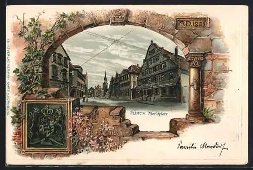 Passepartout-Lithographie Fürth / Bayern, Marktplatz mit Gasthaus zum goldenen Schwan, Wappen