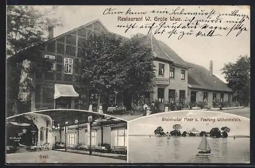 AK Grossenheidorn, Restaurant von W. Grote Wwe., Steinhuder Meer und Festung Wilhelmstein