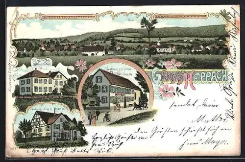 Lithographie Hepbach, Gasthaus zur Linde, Bes. Karl Hagen, Handlung Sophie Riether, Schule und Totalansicht