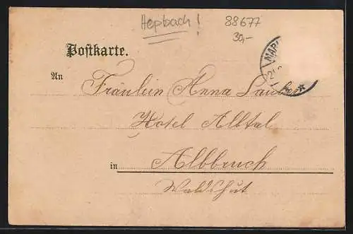 Lithographie Hepbach, Gasthaus zur Linde, Bes. Karl Hagen, Handlung Sophie Riether, Schule und Totalansicht