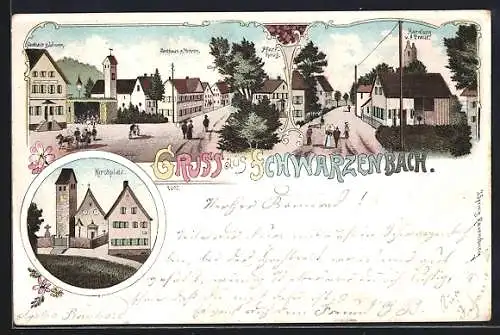 Lithographie Schwarzenbach / Neu Ravensberg, Gasthaus zum Löwen, Handlung A. Traut, Kirchplatz