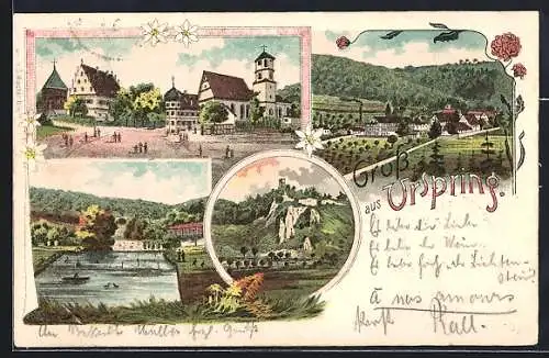 Lithographie Urspring / Schelklingen, Strassenpartie, Burgruine und Ortsansicht
