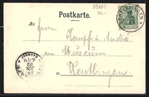 Lithographie Urspring / Schelklingen, Strassenpartie, Burgruine und Ortsansicht