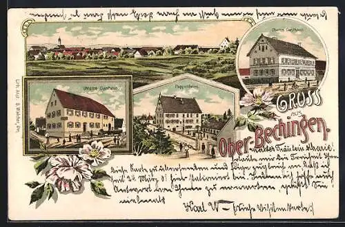 Lithographie Ober-Bechingen, Unteres Gasthaus, Oberes Gasthaus und Pappenheim
