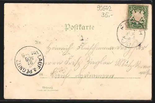 Lithographie Forth, Gasthof zur Post mit Strassenpartie, Schuhfabrik Wölfel & Cie., Totalansicht