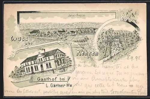 Lithographie Rehren / Auetal, Gasthof von L. Gärtner Ww., Totalansicht und Flusspartie