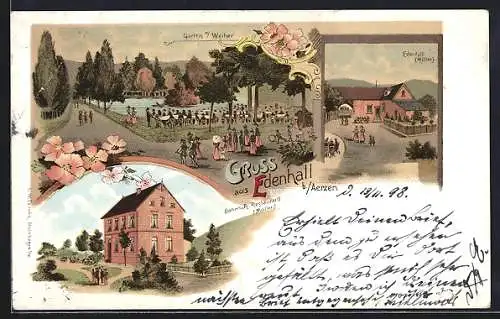 Lithographie Edenhall b. Aerzen, Bahnhofs-Restaurant v. Möller, Garten mit Weiher