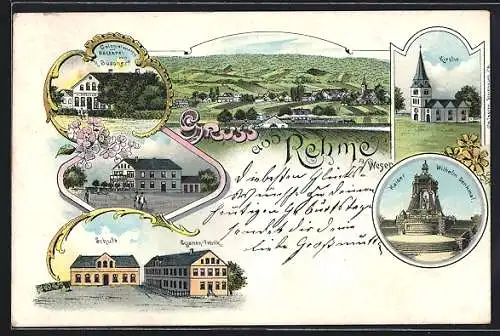 Lithographie Rehme a. Weser, Geschäft und Bäckerei von H- Büschel, Schule und Kirche