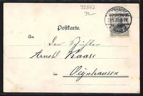 Lithographie Rehme a. Weser, Geschäft und Bäckerei von H- Büschel, Schule und Kirche