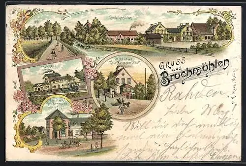 Lithographie Bruchmühlen / Herford, Bahnhof, Gasthaus K. Barmeier, Ortspartie, Pferdekutsche