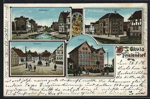 Lithographie Frielendorf, Hahn`s Gasthaus, Strasse und Schule