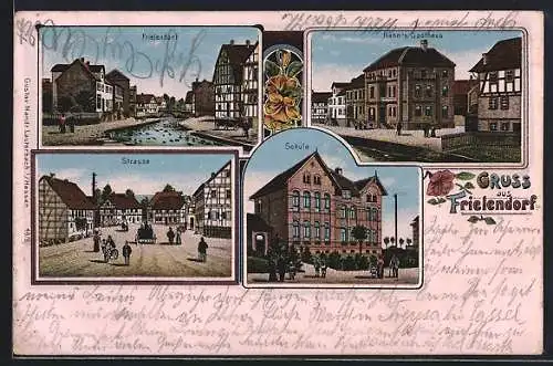 Lithographie Frielendorf, Hahn`s Gasthaus, Schule und Strassenpartie