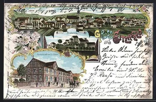 Lithographie Eiterfeld, Gasthaus von G. J. Giebel, Fürsteneck und Totalansicht