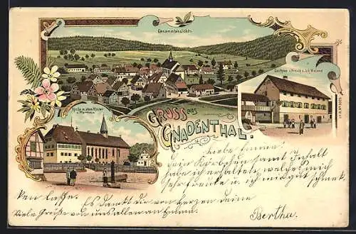 Lithographie Gnadental / Württ., Gasthaus zum Hirsch, Bes. Joh. Wieland, Kirche mit altem Kloster und Pfarrhaus