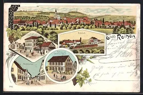 Lithographie Reihen, Gasthaus zum Deutschen Kaiser, Bahnhof, Ziegel- und Kalkwerk, Hauptstrasse