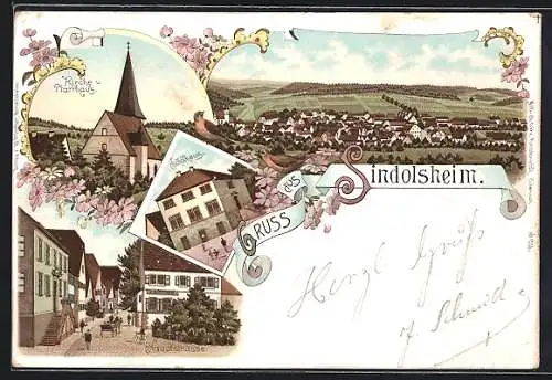 Lithographie Sindolsheim, Hauptstrasse, Schulhaus, Kirche und Pfarrhaus