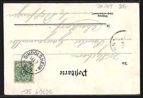 Lithographie Sindolsheim, Hauptstrasse, Schulhaus, Kirche und Pfarrhaus