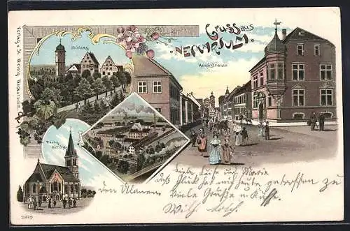 Lithographie Neckarsulm, Hauptstrasse, Evangel. Kirche und Schloss