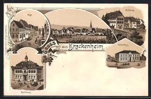 Lithographie Brackenheim, Totalansicht, Schloss, Post, Rathaus, Schulhaus