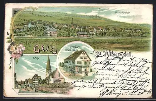 Lithographie Althengstett, Geschäft von Gottlob Flik, Kirche und Totalansicht