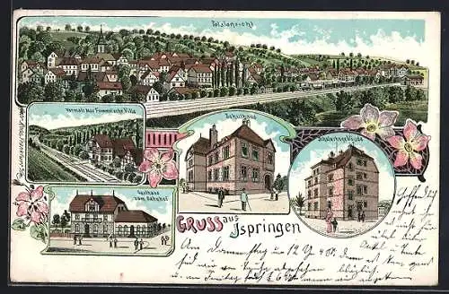 Lithographie Ispringen, Gasthaus zum Bahnhof, Schulhaus, Schulwohngebäude
