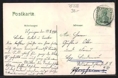 Lithographie Ispringen, Gasthaus zum Bahnhof, Schulhaus, Schulwohngebäude