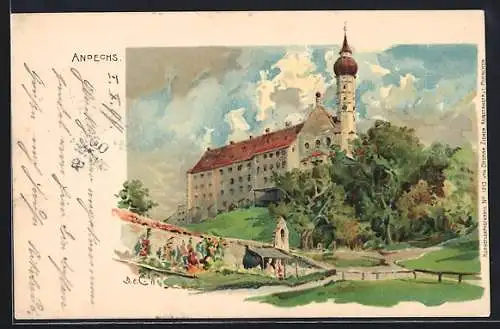 Künstler-AK Edward Theodore Compton: Andechs, Teilansicht mit Kirche