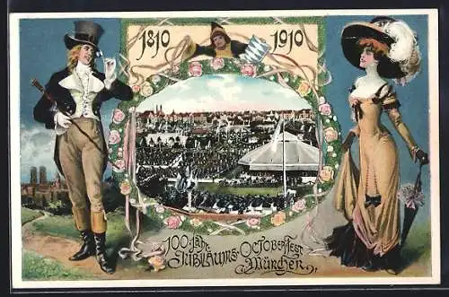 AK München, Oktoberfest, 100jähriges Jubiläum 1910, Festgelände, Besucherpaar