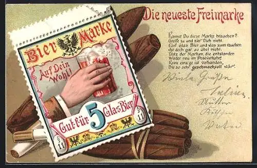 AK Biermarke, Hand hält Bierglas, Zigarren, Zigaretten, Zigarillos