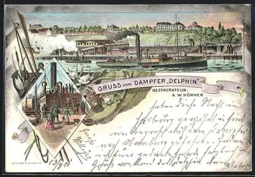 Lithographie Salondampfer Delphin in Fahrt, Bordrestaurant v. A. W. Körner