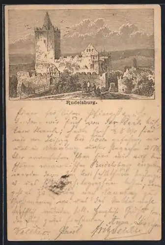 Vorläufer-Lithographie Rudelsburg, 1887, Besucher bei der Ruine, Ganzsache