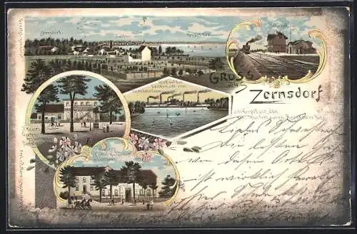 Lithographie Zernsdorf, J. Knorrs Garten-Restaurant, Schulzs Garten-Restaurant, Bahnhof