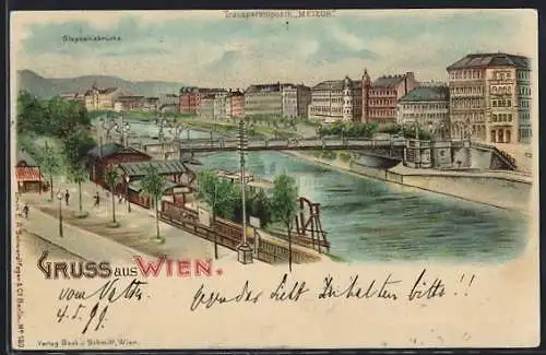Lithographie Wien, Stadtansicht mit der Stephaniebrücke, Halt gegen das Licht: Vollmond